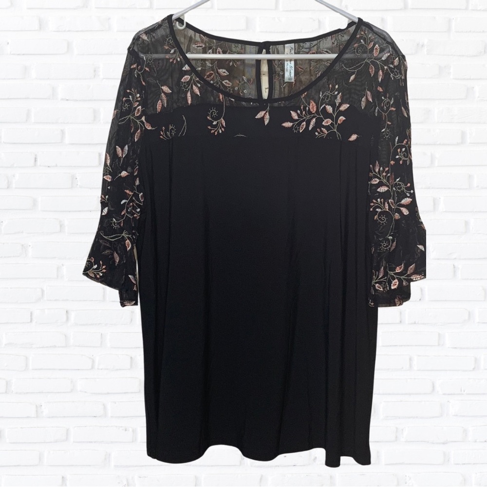 Black Blouse with Sheer Top and Sleeves with Pink Embroidered Flowers